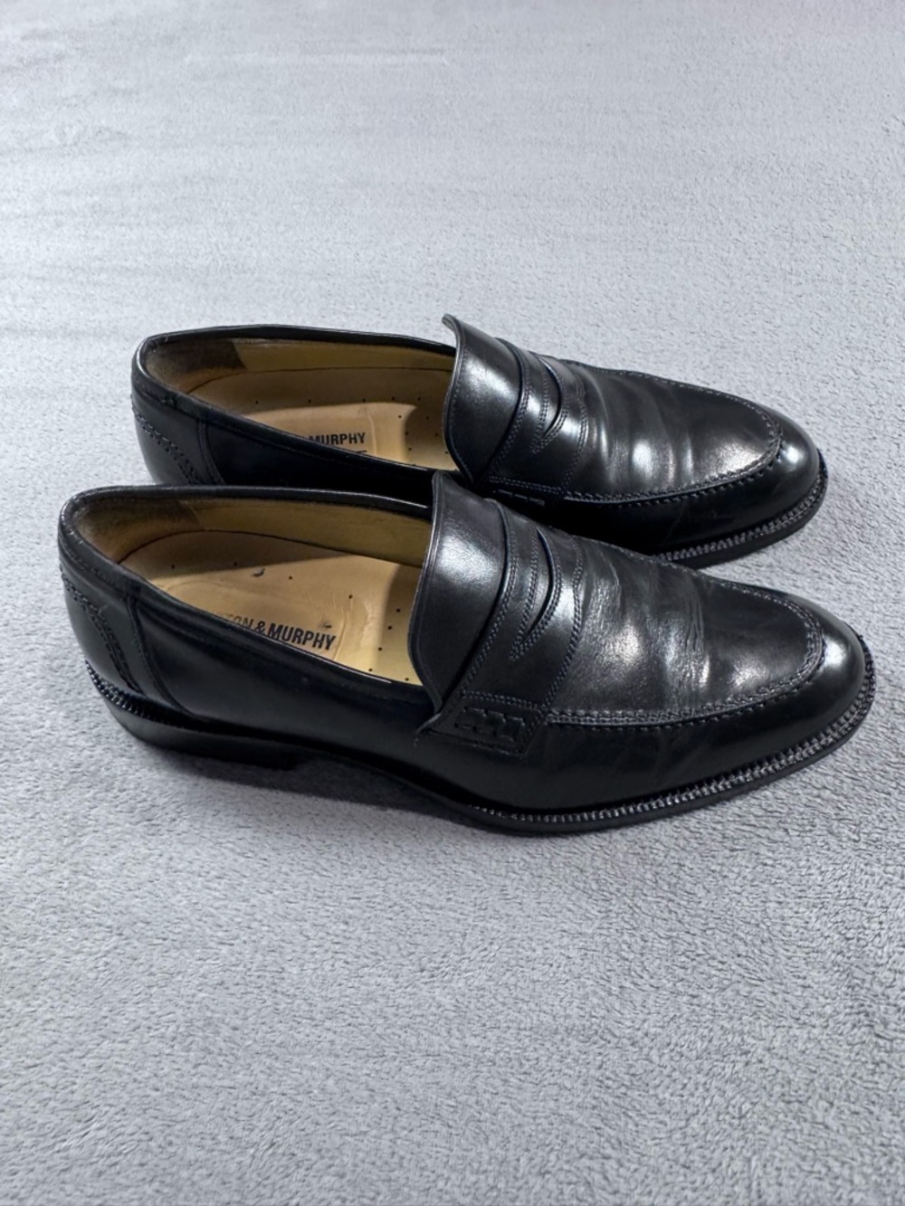 Johnston & Murphy Black Leather Penny Loafers - Sleek Dress Slip-Ons - Picture 5 of 13